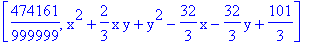 [474161/999999, x^2+2/3*x*y+y^2-32/3*x-32/3*y+101/3]